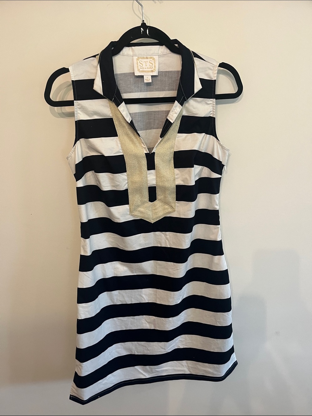 Sail to Sable Navy & White Striped Sleeveless Mini with Gold V-Neck Placket
